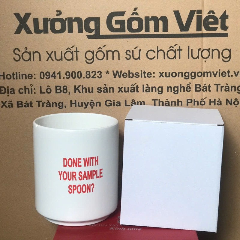 Ly sứ trắng in logo dáng trụ không quai 350ml LST-22