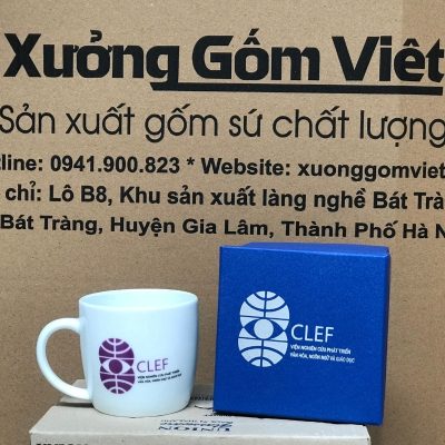Ly sứ trắng in logo dáng trụ lùn quai C 300ml LST-41