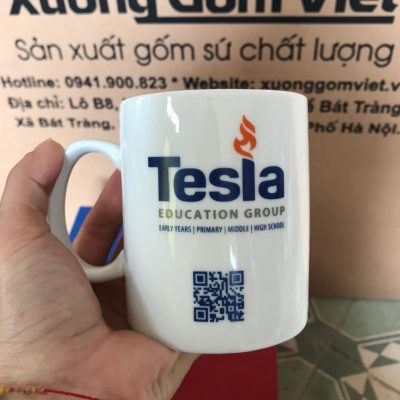 Ly sứ trắng in logo dáng trụ quai C 350ml LST-44