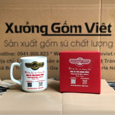 Ly sứ trắng in logo dáng trụ quai vuông 350ml LST-45