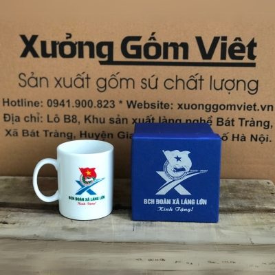 Ly sứ trắng in logo dáng trụ quai C 350ml LST-46