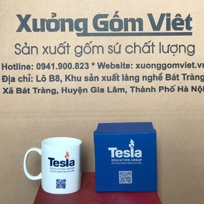 Ly sứ trắng in logo dáng trụ quai C 350ml LST-44