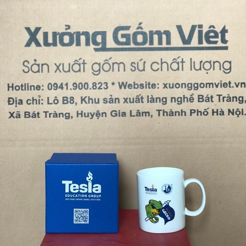 Ly sứ trắng in logo dáng trụ quai C 350ml LST-44