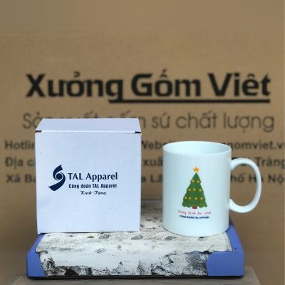 Ly sứ trắng in logo dáng trụ quai C 350ml LST-25