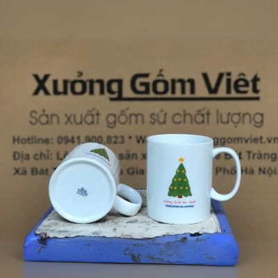Ly sứ trắng in logo dáng trụ quai C 350ml LST-25