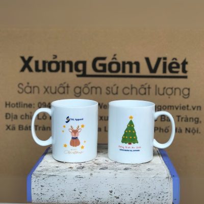 Ly sứ trắng in logo dáng trụ quai C 350ml LST-25