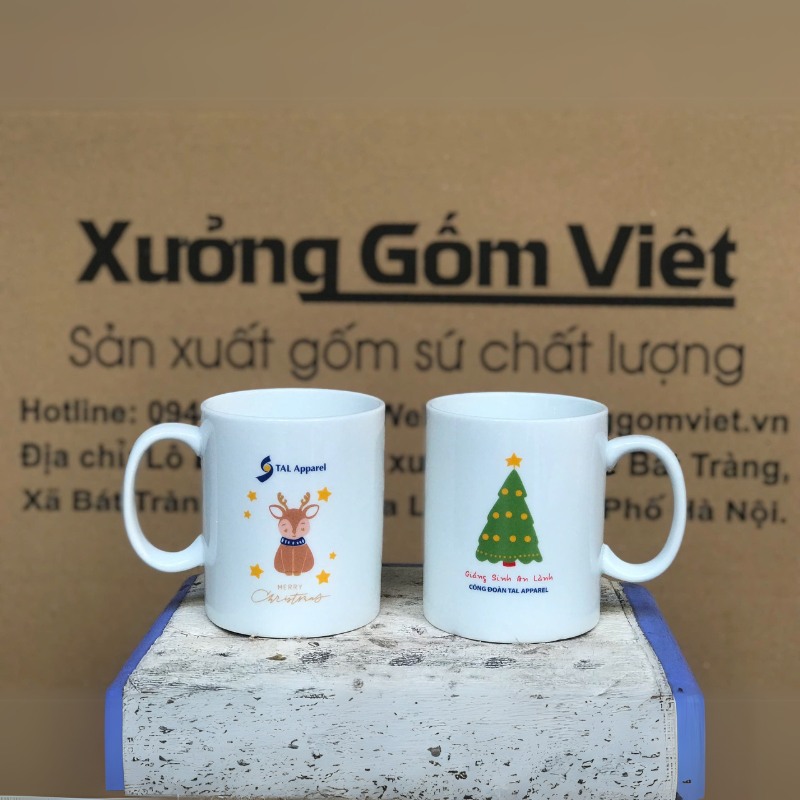 Ly sứ trắng in logo dáng trụ quai C 350ml LST-25
