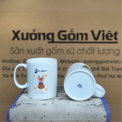 Ly sứ trắng in logo dáng trụ quai C 350ml LST-25
