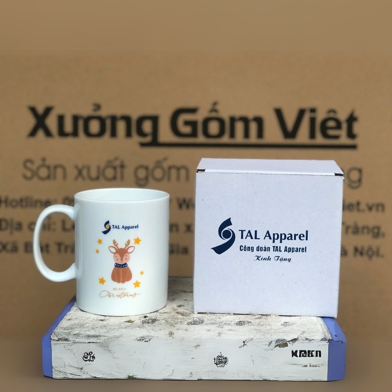 Ly sứ trắng in logo dáng trụ quai C 350ml LST-25