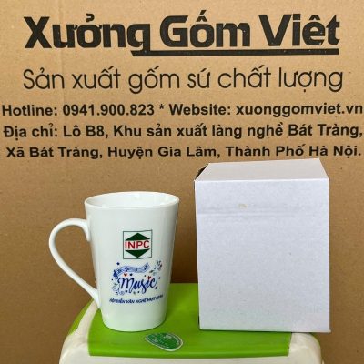 Ly sứ trắng in logo dáng vát cao quai bán tim 400ml LST-32