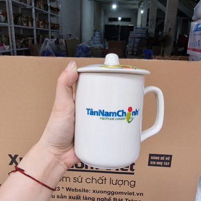 Ly sứ vẽ tay in logo có nắp dáng trụ họa tiết hoa hướng dương 350ml LSVT-01