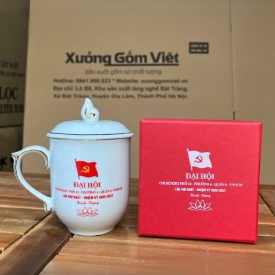 Ly sứ vẽ tay in logo dáng ngọn lửa có nắp hoạ tiết hoa hướng dương 300ml LSVT-02